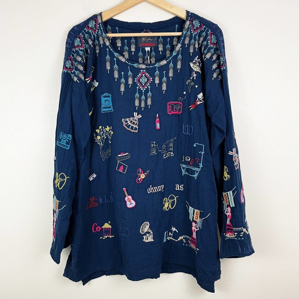Johnny Was Biya Rondo Blouse Embroidered Scoop Neck Long Sleeve Tunic Small NWT